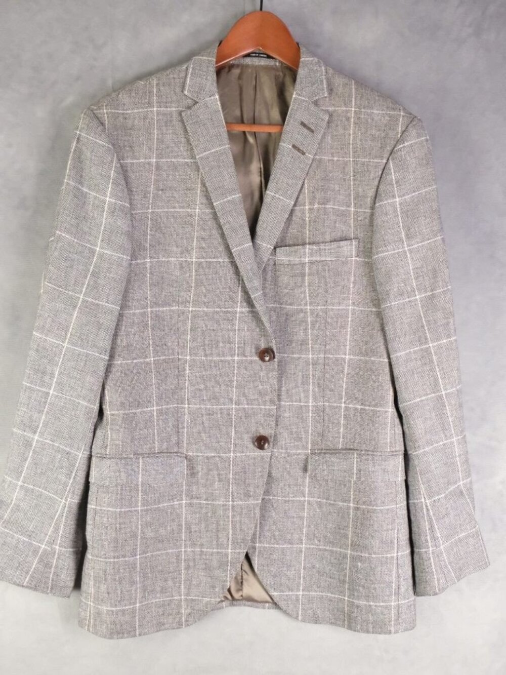 Tiger of Sweden Jacket Mens 50 40R Gray Windowpane Blazer Linen Wool Two Button
